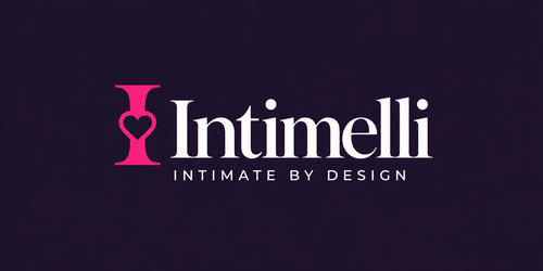 The logo for Intimelli, featuring a pink stylized 'I' with a heart shape inside and the brand name 'Intimelli' in white serif text, with the tagline 'INTIMATE BY DESIGN' below, all on a dark purple background.